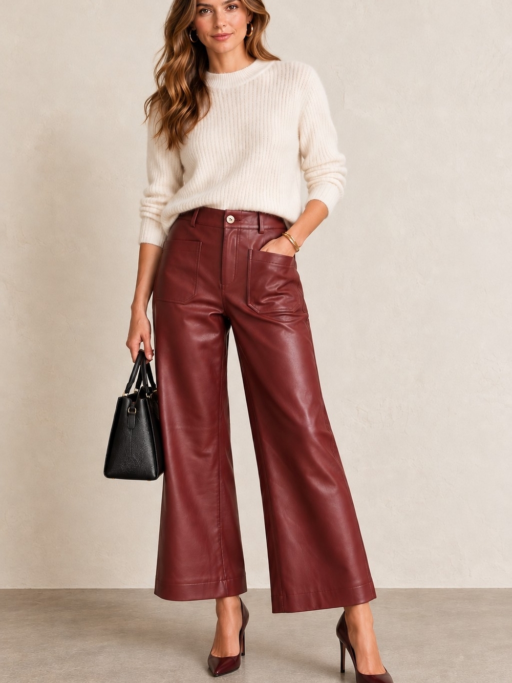 Maeve Anthropologie The Colette Faux Leather Wide Leg Pants Burgundy Size 28